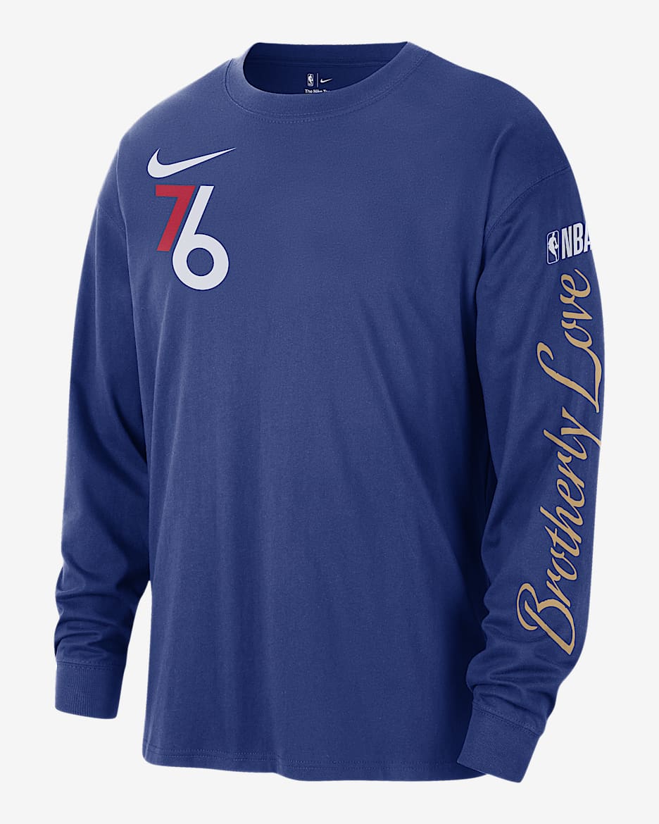 Nike Men s Philadelphia 76ers Courtside City Edition NBA Max90 Long Sleeve T Shirt Blue Size XXL Cotton